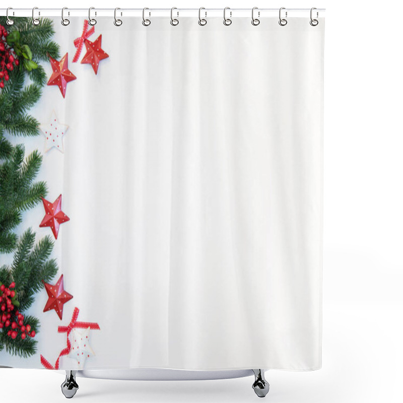 Personality  Merry Christmas And Happy Holidays Greeting Card, Frame, Banner. Christmas Red Gifts, Presents On Dark Background Top View. Winter Holiday Xmas Theme. Noel. Flat Lay, Copy Space. Shower Curtains