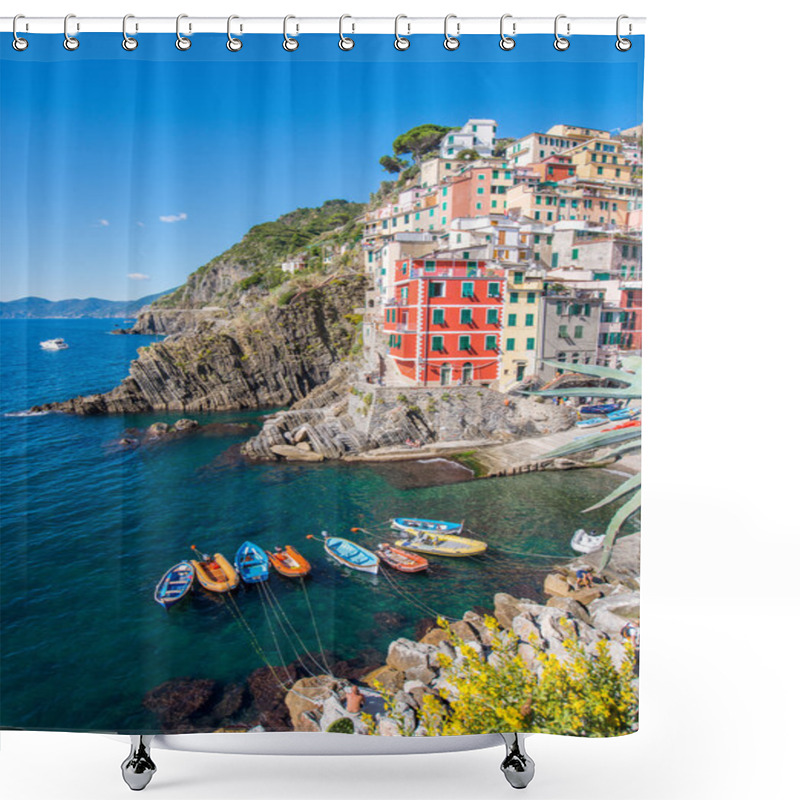 Personality  Stunning View Of Riomaggiore With Cliffs, Homes And Boats - Cinq Shower Curtains