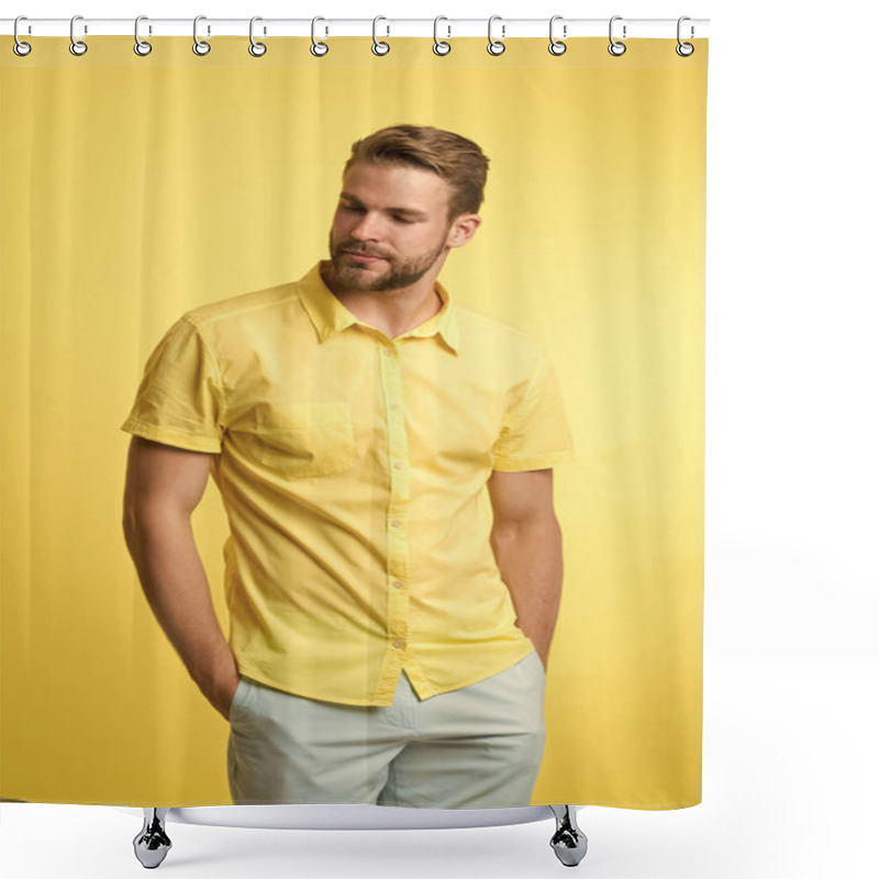 Personality  Casual Style. Man On Calm Face Posing Confidently Put Hands Pockets. Man Attractive In Casual Shirt. Guy Fashion Model Wear Casual Shirt. Feel Comfortable In Simple Outfit. Casual Comfortable Outfit Shower Curtains