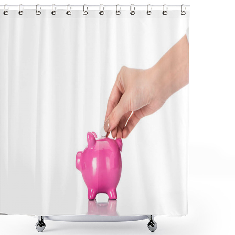 Personality  Cropped Image Of Woman Putting Pill Into Pink Piggy Bank Isolated On White Shower Curtains