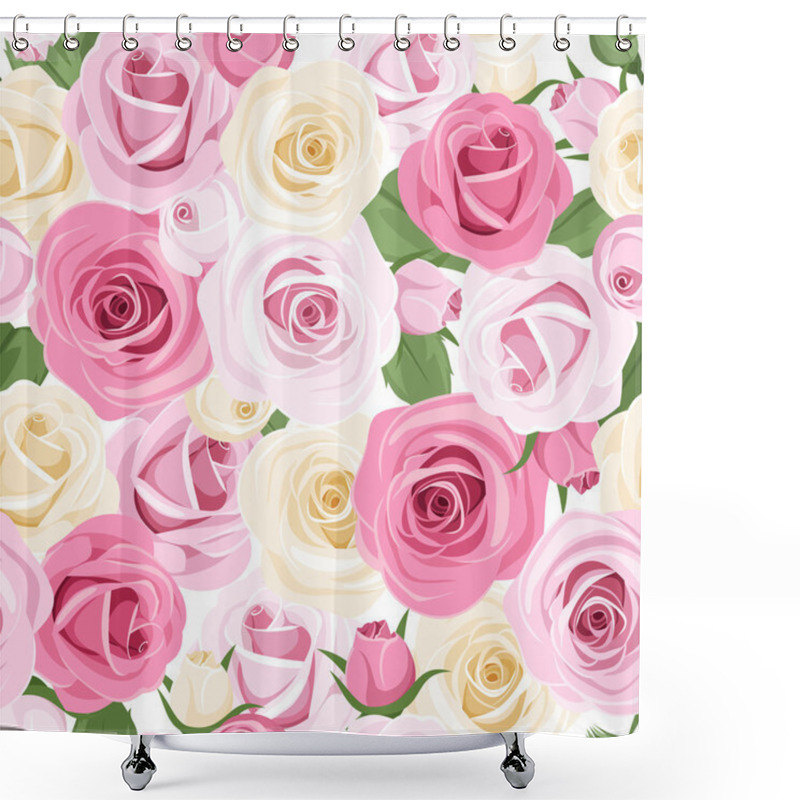 Personality  Vector Seamless Pattern With Pink And White Roses. Shower Curtains