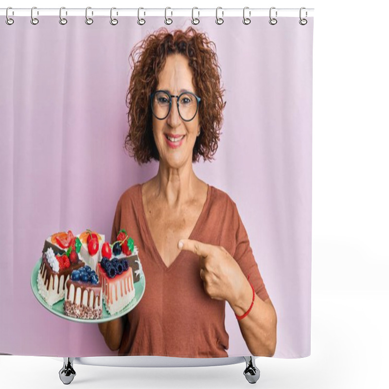 Personality  Beautiful Middle Age Mature Woman Holding Cake Slices Smiling Happy Pointing With Hand And Finger  Shower Curtains