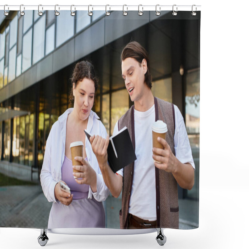 Personality  A Young Plus Size Woman And Her Male Friend Engage In A Lively Discussion While Enjoying Coffee. Shower Curtains