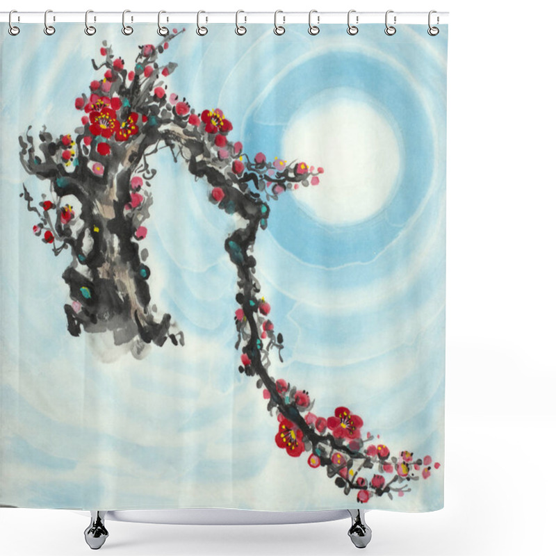 Personality  Branch Of Wild Plum And Moon Against Blue Sky Shower Curtains