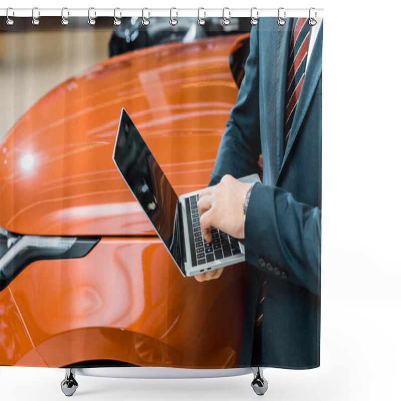 Personality  Cropped Image Of Businessman In Eyeglasses Using Laptop Near Automobile  Shower Curtains