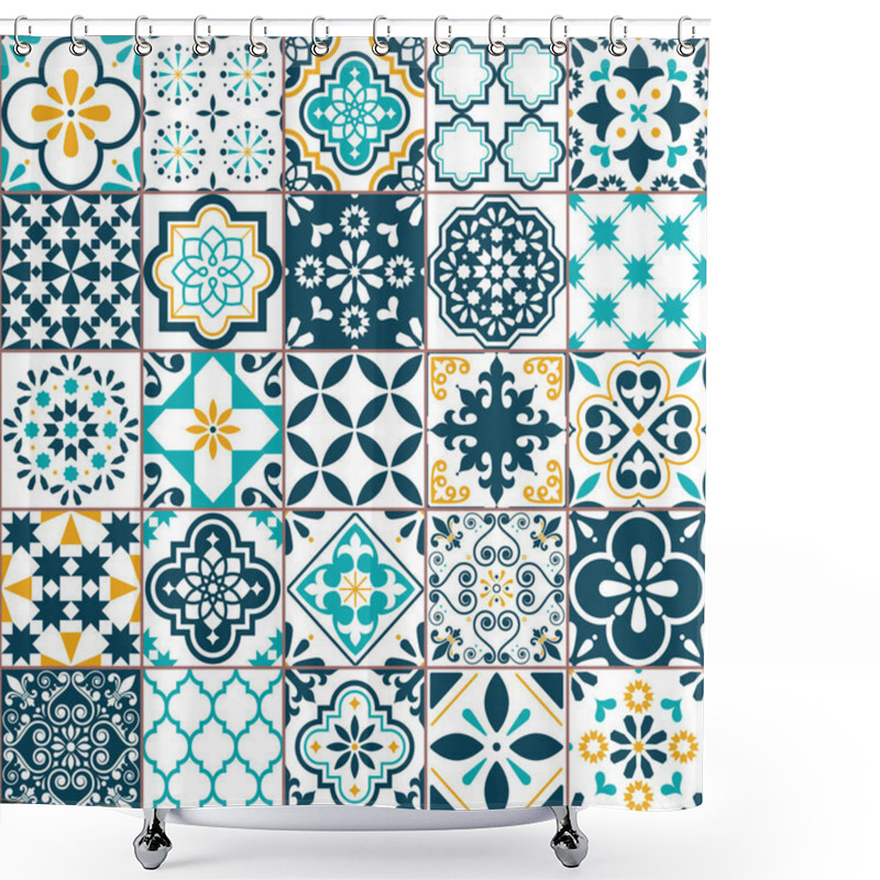 Personality  Lisbon Geometric Azulejo Tile Vector Pattern, Portuguese Or Spanish Retro Old Tiles Mosaic, Mediterranean Seamless Turquoise And Yellow Design Shower Curtains