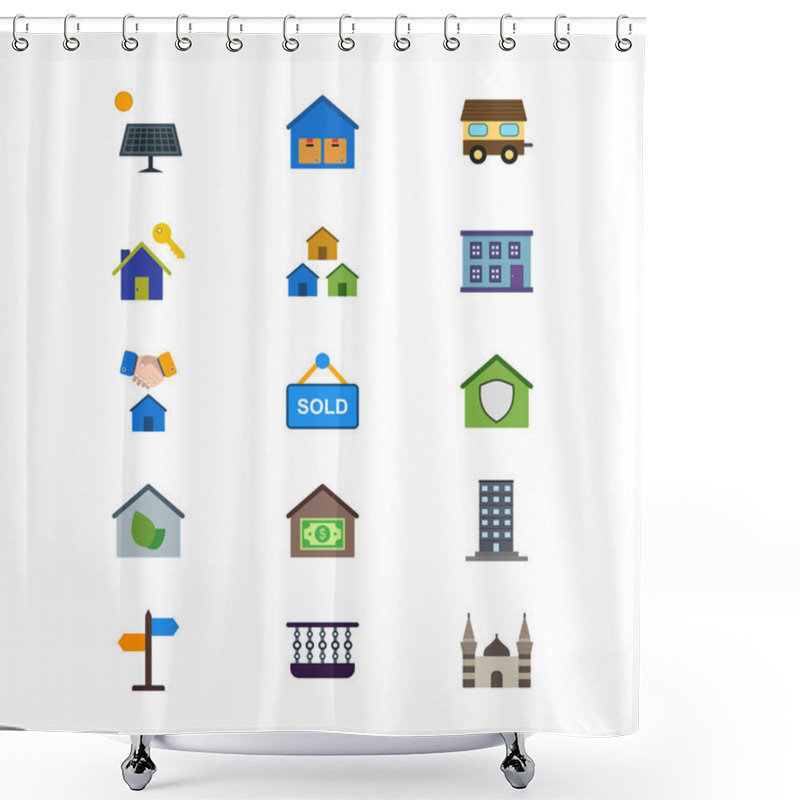 Personality  Set Of 15 Real Estate Icons On White Background Vector Isolated Elements... Shower Curtains