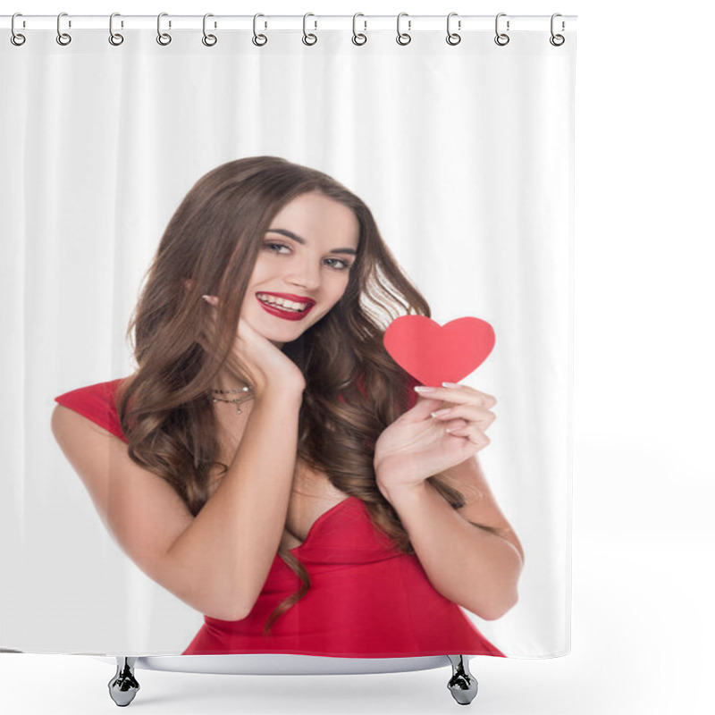 Personality  Smiling Girl In Red Dress Holding Paper Heart Isolated On White, Valentines Day Concept Shower Curtains