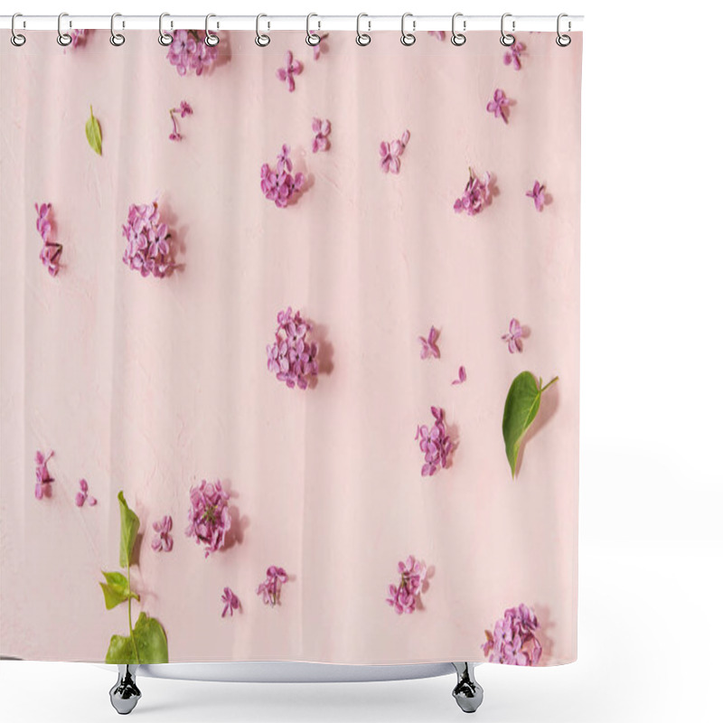 Personality  Spring Purple Lilac Flowers Over Pink Pastel Background. Holiday Or Wedding Greeting Card. Copy Space. Floral Background. Toned Image Shower Curtains