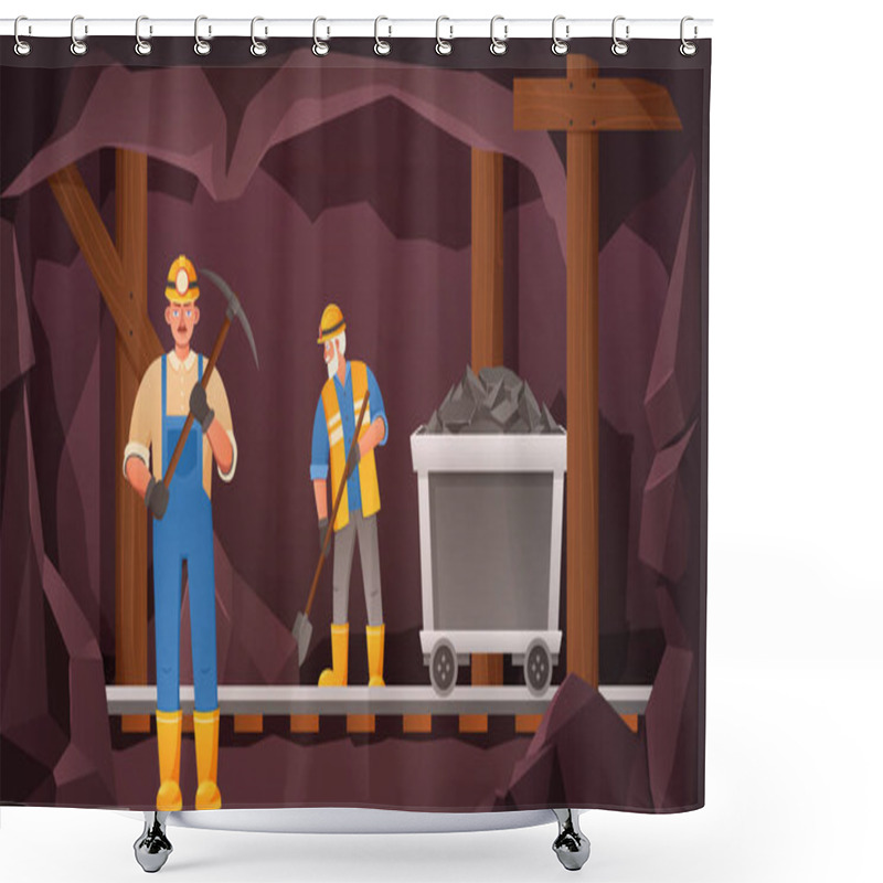 Personality  Miners In Coal Cave. Mine Worker Digging Tunnel, Rail Trolley With Ore And Miner With Pickaxe Vector Illustration. Men In Uniform And Protective Helmet Extracting Coal, Risky Profession Shower Curtains