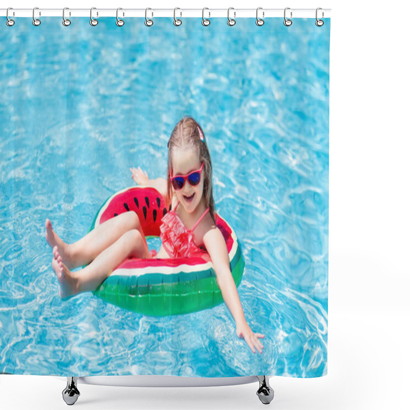 Personality  Child With Watermelon Inflatable Ring In Swimming Pool. Little Girl Learning To Swim In Outdoor Pool Of Tropical Resort. Kid Eye Wear. Water Toys And Floats For Kids. Healthy Sport For Children.  Shower Curtains