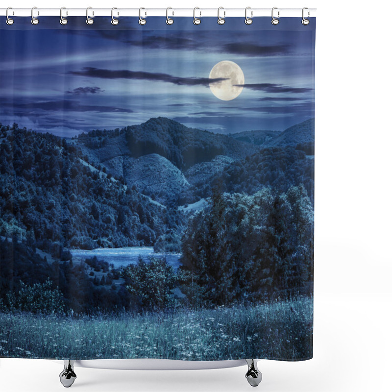 Personality  Pine Trees Near Meadow In Mountains At Night Shower Curtains