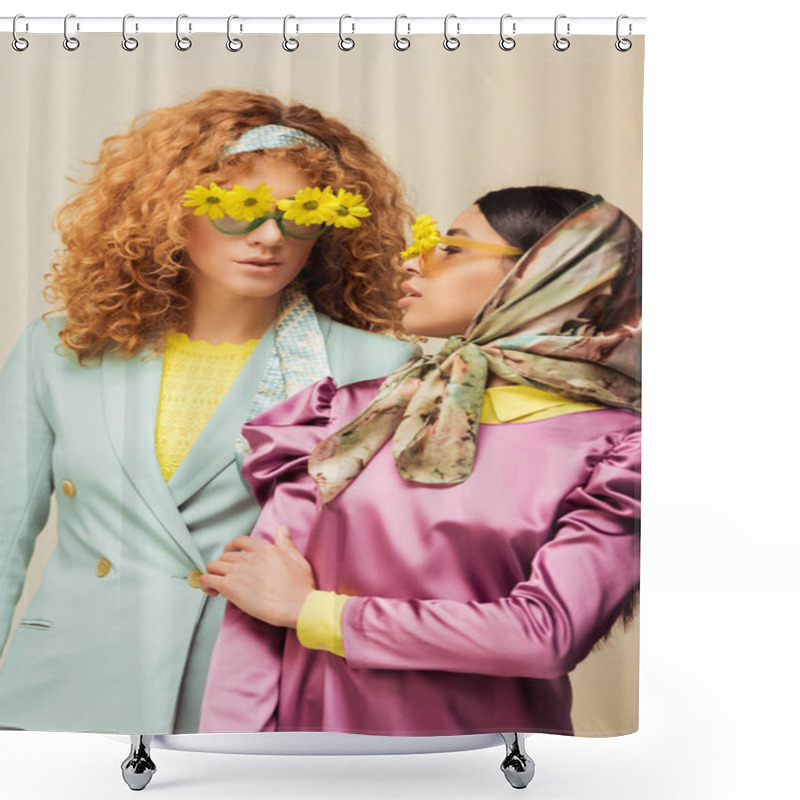 Personality  African American Girl And Redhead Woman In Sunglasses With Flowers Isolated On Beige Shower Curtains