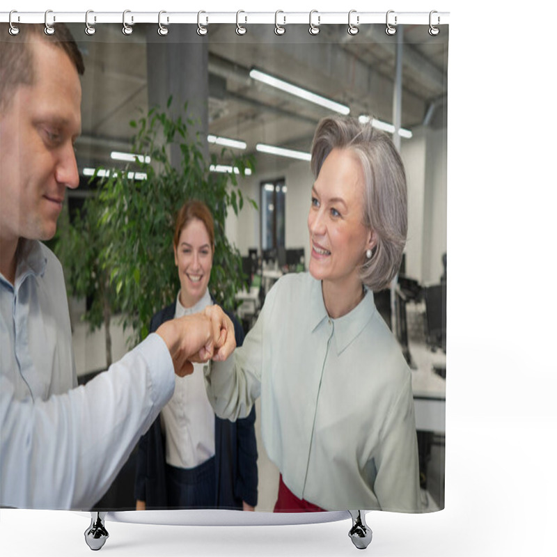 Personality  Caucasian Man Bumping His Fists With Colleagues As A Sign Of Success Shower Curtains