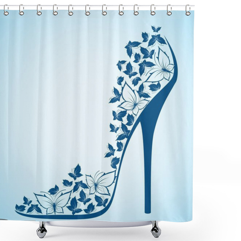 Personality  High Heel Shoes From Beautiful Butterflies. Vector Shower Curtains