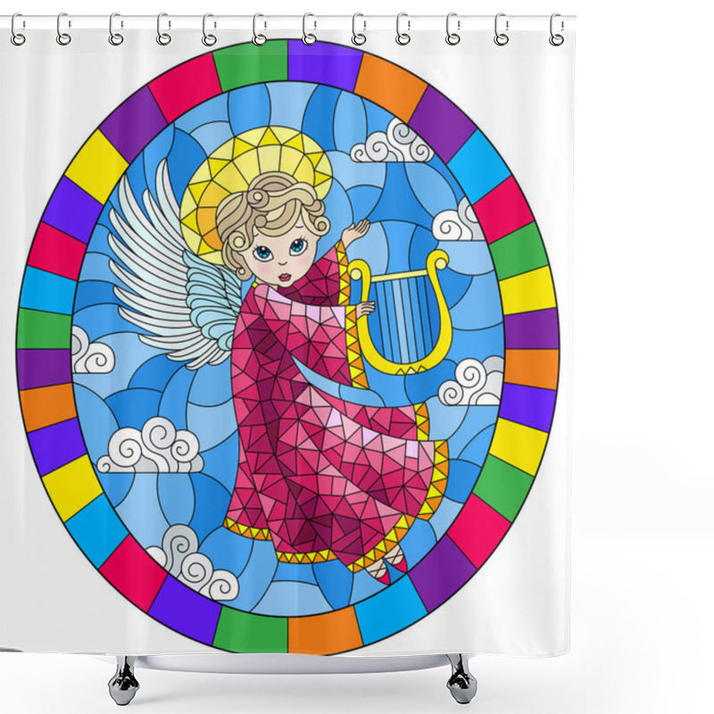 Personality  Illustration In Stained Glass Style With Cartoon In Pink Dress Angel Playing The Harp Against The Cloudy Sky,, Round Image In Bright Frame Shower Curtains