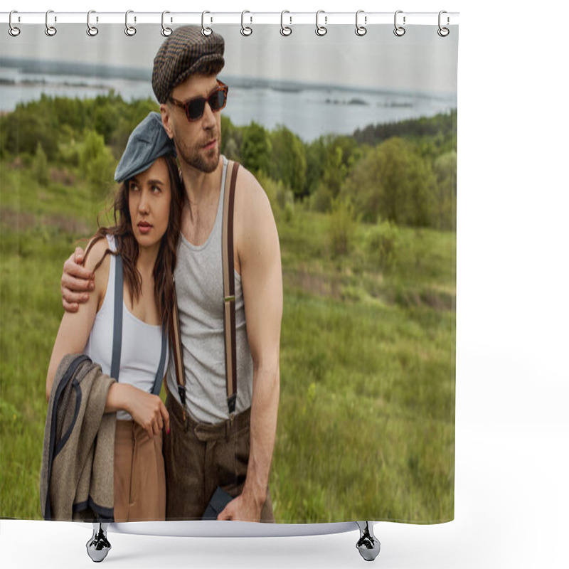 Personality  Trendy Man In Sunglasses And Newsboy Cap Hugging Stylish Girlfriend In Suspenders And Standing Together On Blurred Grassy Field At Background, Trendy Couple In The Rustic Outdoors Shower Curtains