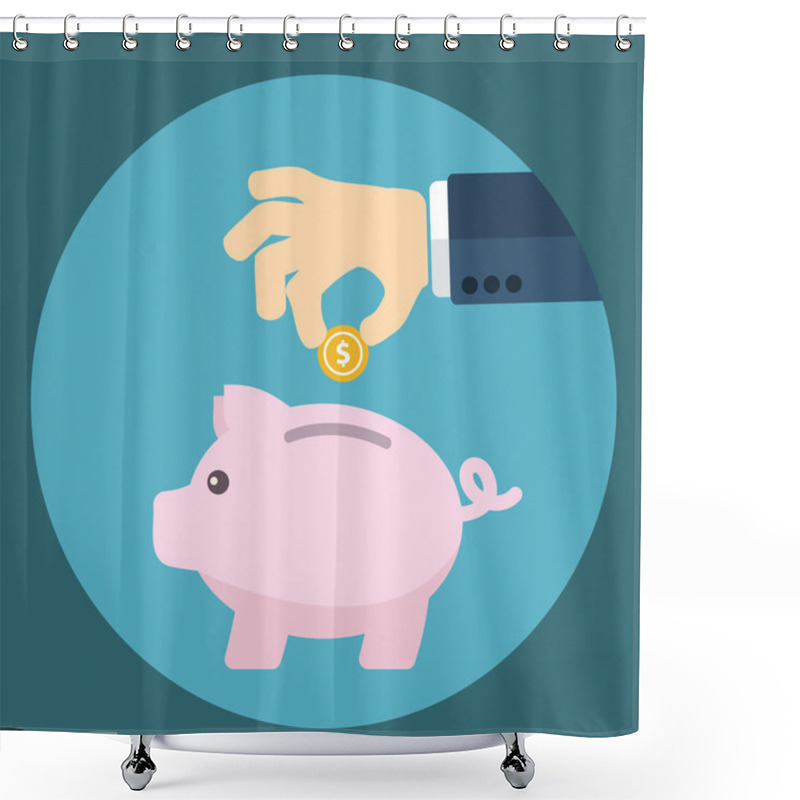 Personality  Vector Piggy Bank Concept In Flat Style - Money Savings , Inserting A Coin Into A Piggy Bank Shower Curtains