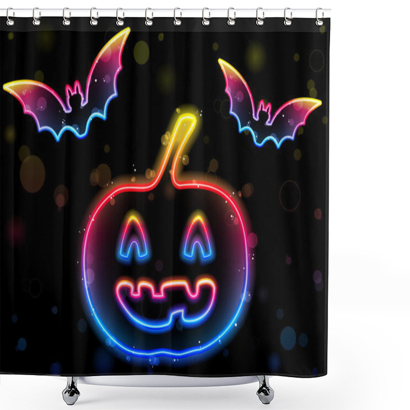 Personality  Halloween Neon Background With Pumpkin And Bats Shower Curtains