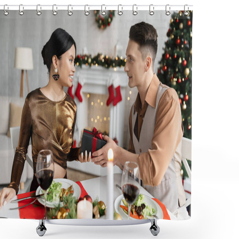 Personality  Young Man Giving Christmas Present To Happy Asian Wife During Romantic Supper Shower Curtains