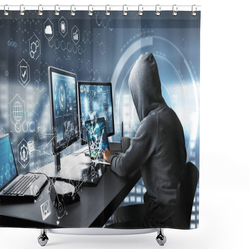 Personality  Side View Of Hacker Using Computer With Digital Interface While Sitting At Desk Of Blurry Interior. Hacking And Information Concept. 3D Rendering  Shower Curtains