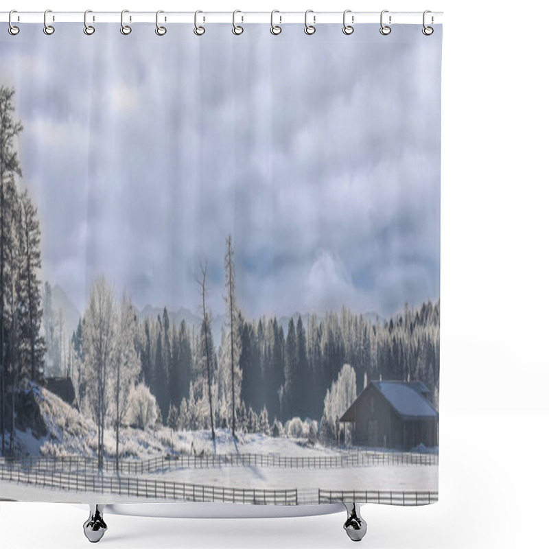 Personality  Country Homestead Cabin With White Frozen Trees In Winter On A Cold Morning In Montana, USA Shower Curtains