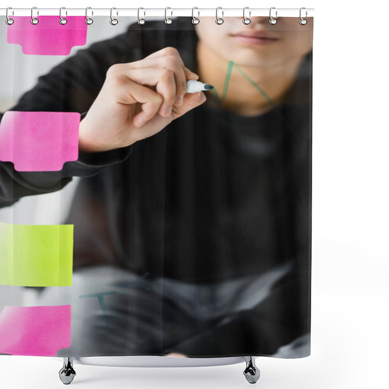 Personality  Cropped View Of Seo Manager Painting Graphs On Glass Shower Curtains