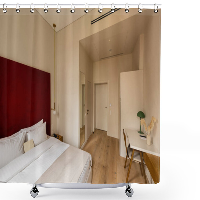 Personality  Wooden Chair Near Workspace And Bed In Room Of Hotel  Shower Curtains