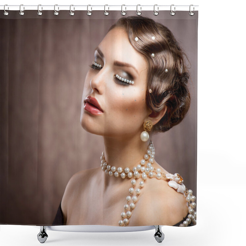 Personality  Retro Styled Makeup With Pearls. Beautiful Young Woman Portrait Shower Curtains