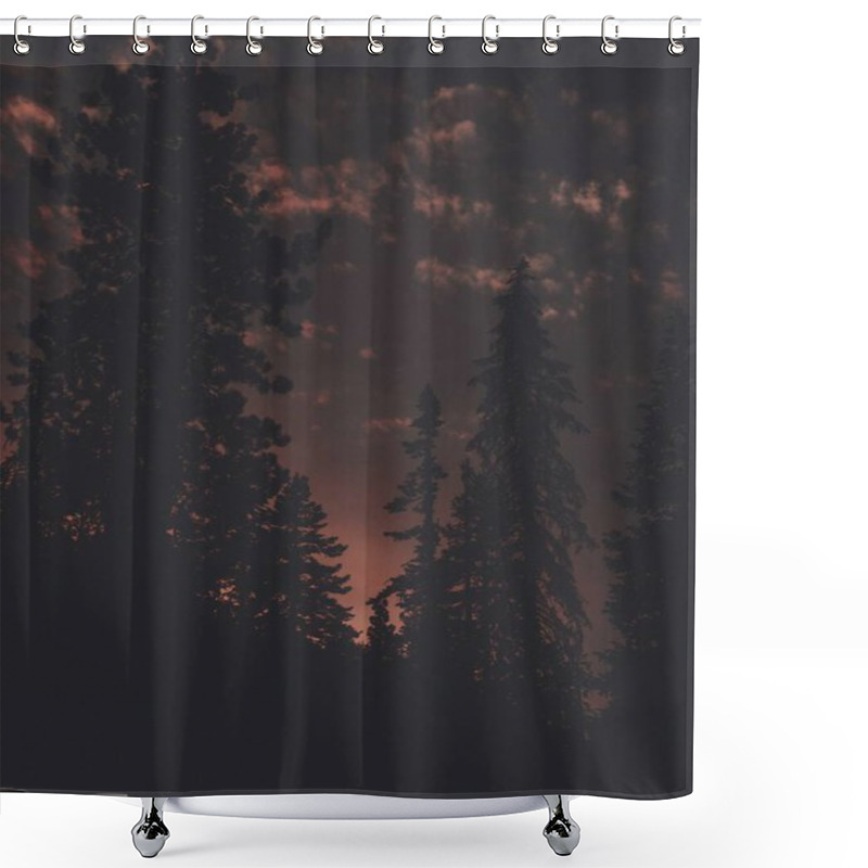 Personality  Silhouetted Pine Trees Against A Dramatic Twilight Sky. Shower Curtains