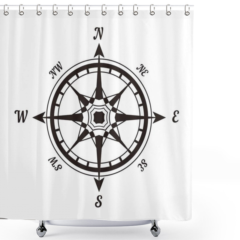 Personality  Rose Of Wind Monochrome Template With Arrows And Signs. Compass For Topographical Orientation. Geographical Round Symbol With Letters Black And White Isolated Cartoon Flat Vector Illustration. Shower Curtains