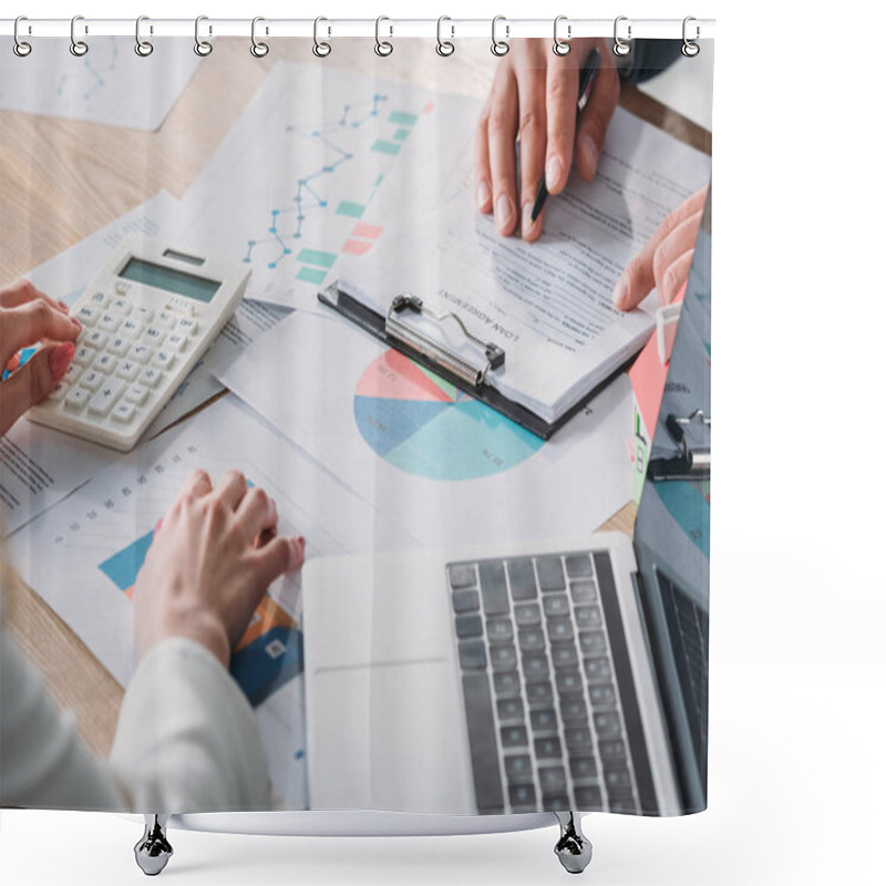 Personality  Partial View Of Man Studying Loan Agreement And Businesswoman Using Calculator While Sitting At Workplace With Graphs And Charts Shower Curtains