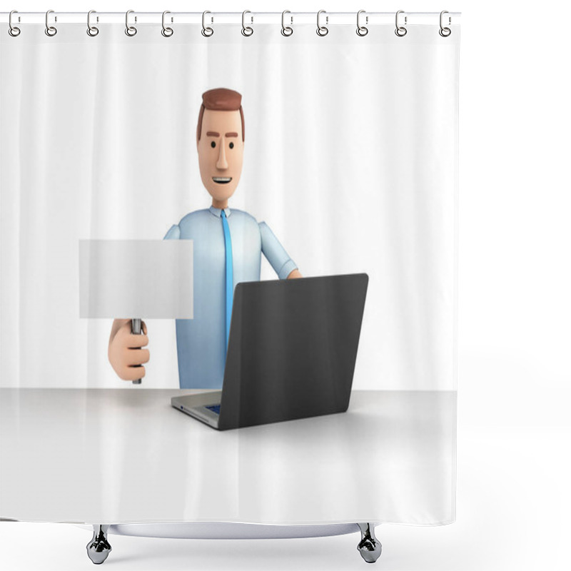 Personality  Proposal Or Search Concept Man In Cartoon Style Sits By A Laptop Shower Curtains