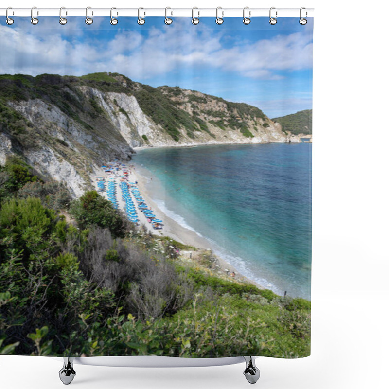 Personality  Vertical View Of Sansone Beach At The Elba Island In Summer, With Sunbeds And Sun Umbrella With Many Bathers At The Seashore In Relax Shower Curtains