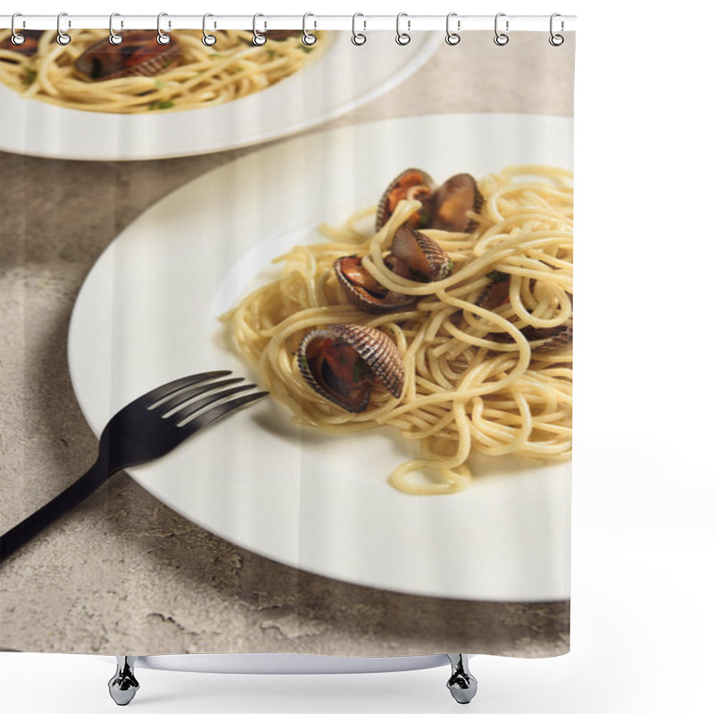 Personality  Close Up View Of Delicious Pasta With Seafood Served In Two White Plates With Fork Shower Curtains