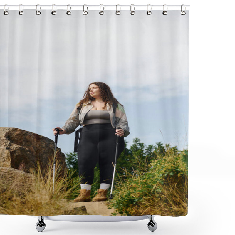 Personality  A Confident Plus Size Woman Explores A Lush Field, Soaking In The Beauty Of Nature. Shower Curtains