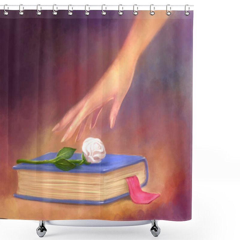 Personality  Bright Art Illustration. Book With Rose And Hand. Fairy Tales, Studying And Reading Books, Love Of Books, Books Novels Shower Curtains