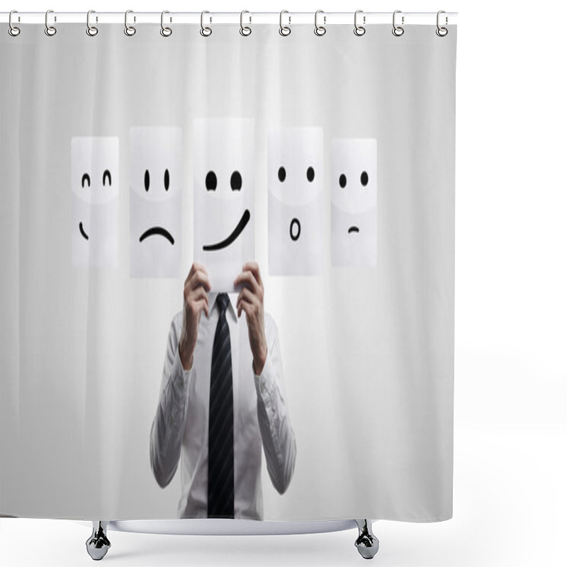 Personality  Business Man Holding A Card With Smiling Face. Shower Curtains