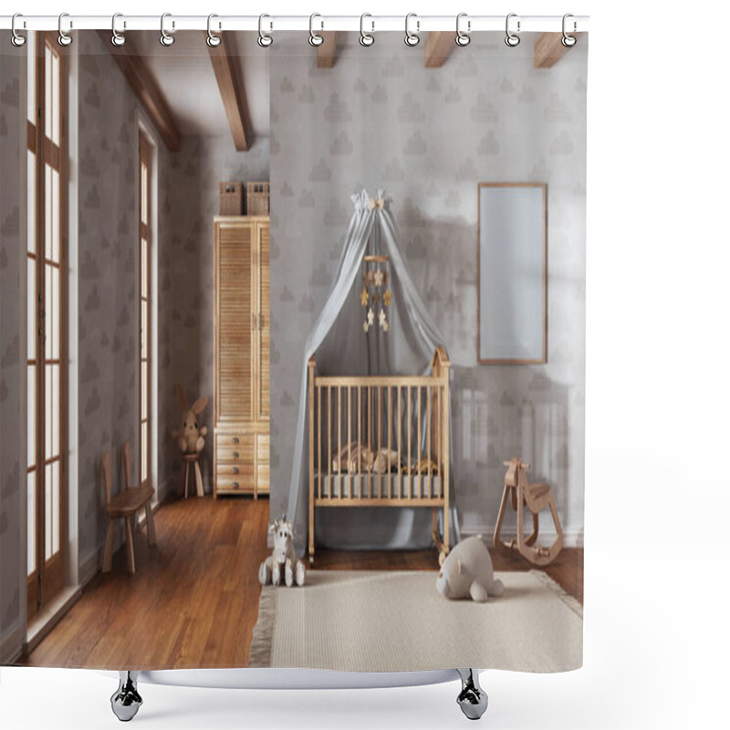 Personality  Wooden Nursery With Wallpaper In White And Beige Tones With Frame Mockup. Canopy Crib, Carpet And Toys. Vintage Interior Design Shower Curtains