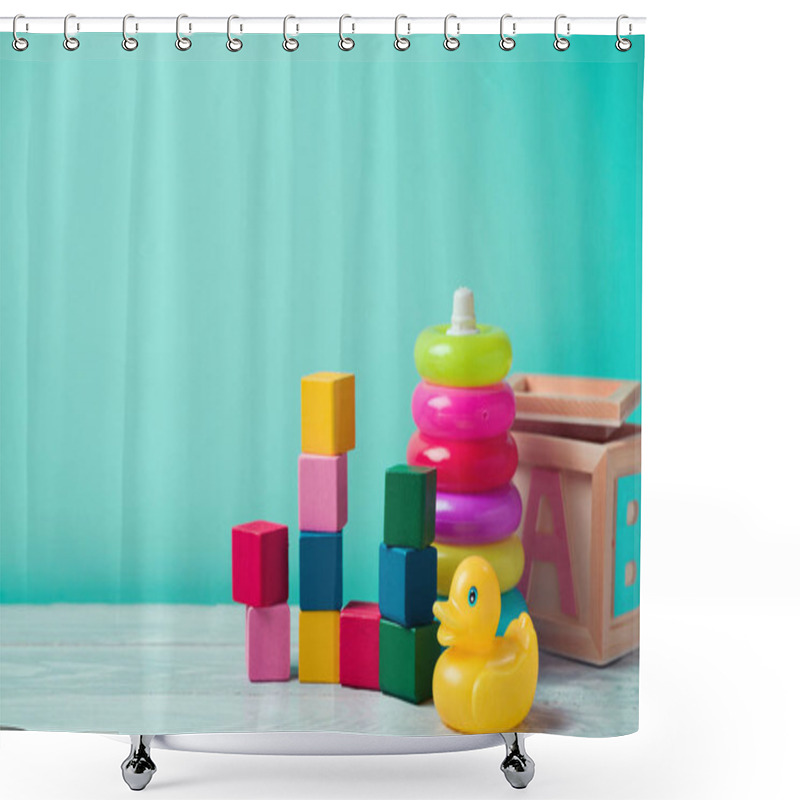 Personality  Baby Toys On Wooden Table Shower Curtains