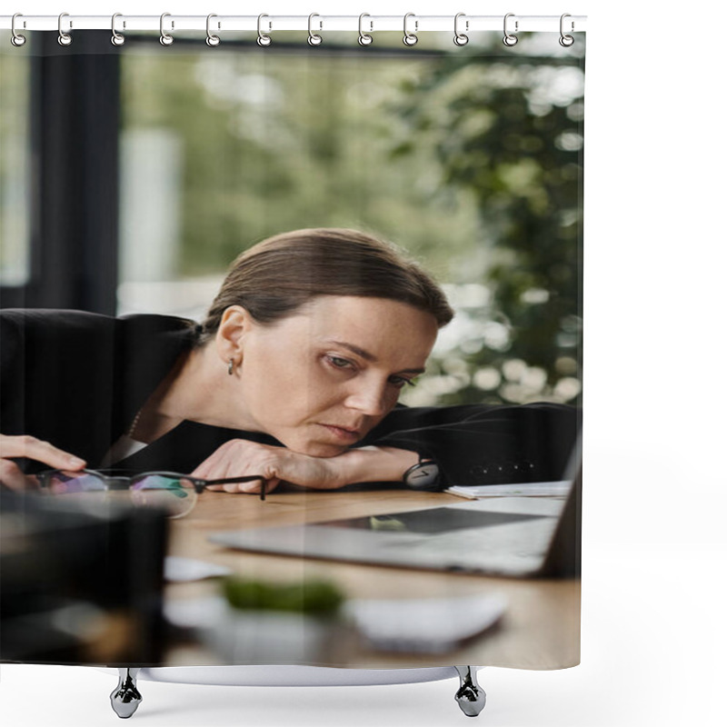 Personality  Middle-aged Woman Experiencing Stress Is Hunched Over Her Laptop In An Office Setting. Shower Curtains