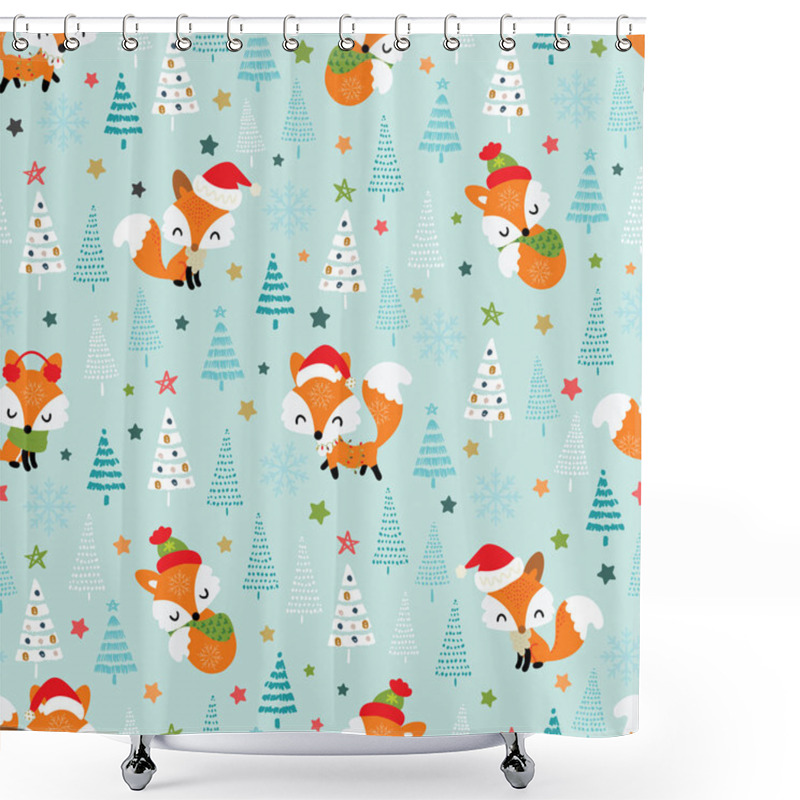 Personality  Christmas Seamless Pattern With Cute Little Foxes Shower Curtains