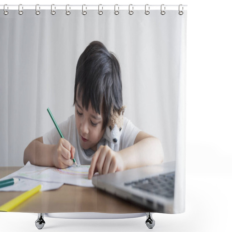 Personality  Happy Kid Having Fun Watching Cartoon On Computer, Child Using Digital Pad Searching The Ideas On Internet For His Drawing Art Homework, Home Schooling, Social Distancing, E-learning Online Education Shower Curtains