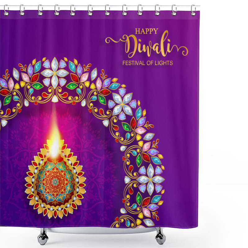 Personality  Happy Diwali Festival Card With Gold Diya Patterned And Crystals On Paper Color Background. Shower Curtains