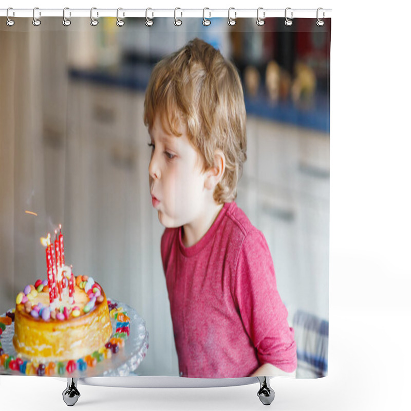 Personality  Kid Boy Celebrating His Birthday And Blowing Candles On Cake Shower Curtains