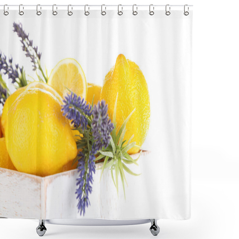 Personality  Still Life With Fresh Lemons And Lavender, Isolated On White Shower Curtains