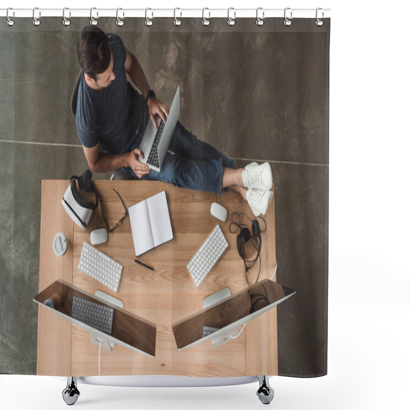 Personality  Overhead View Of Young Man Using Laptop And Desktop Computers At Workplace  Shower Curtains