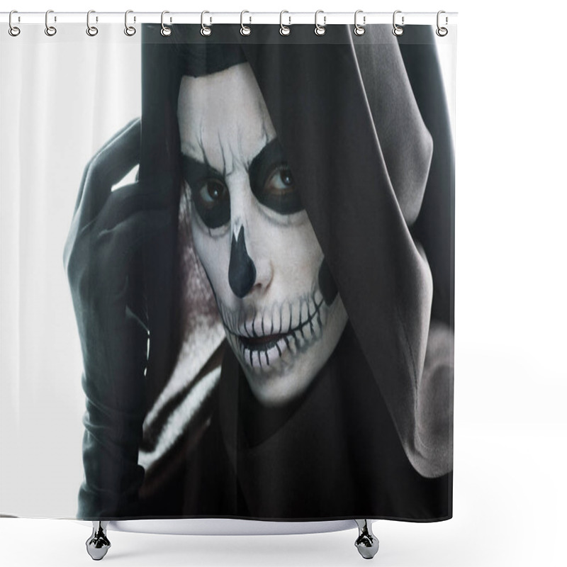 Personality  Woman With Skull Makeup Looking At Camera Isolated On White Shower Curtains