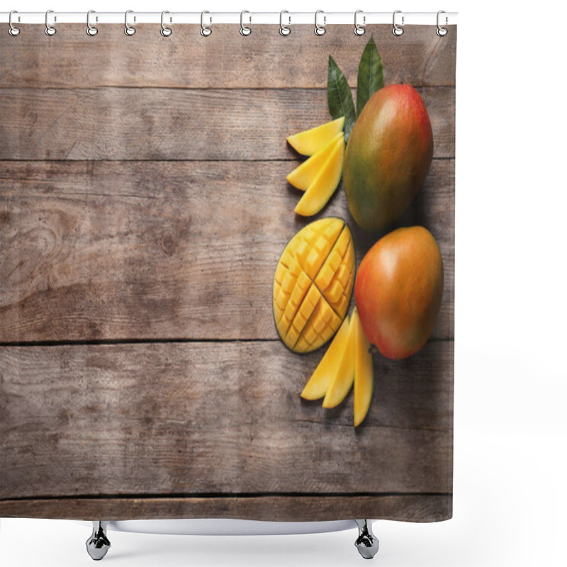 Personality  Flat Lay Composition With Mango On Wooden Background. Space For Text Shower Curtains