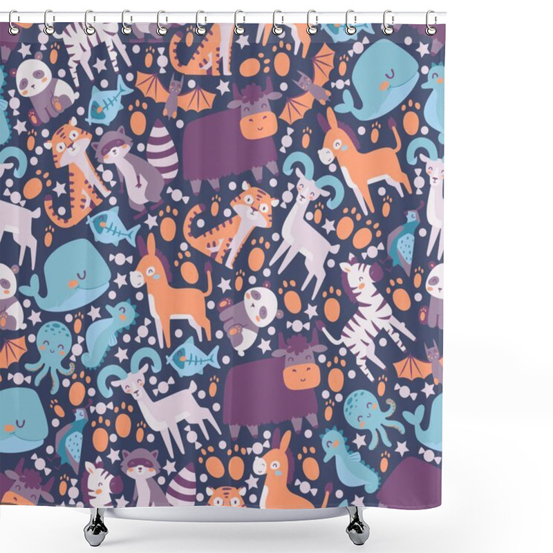 Personality  Cute Animals In Seamless Pattern, Vector Illustration. Print For Children Products And Wrapping Paper. Adorable Little Panda, Raccoon, Tiger, Zebra And Donkey. Happy Animals Shower Curtains